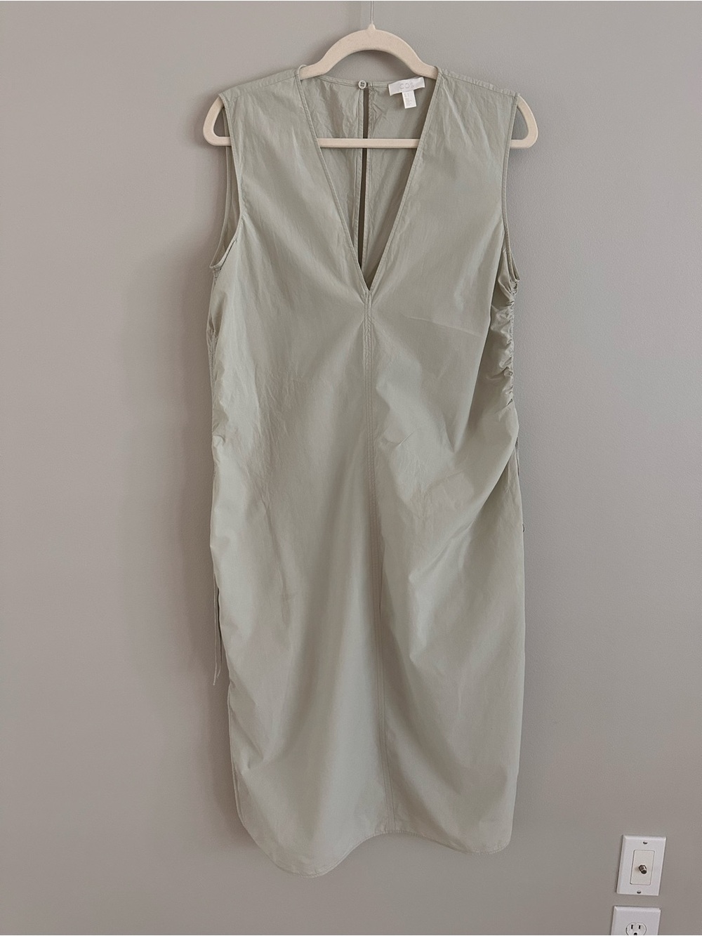 COS Sage Green Ruched Midi Dress 100% Cotton Minimalist Sleeveless Dress Size 14